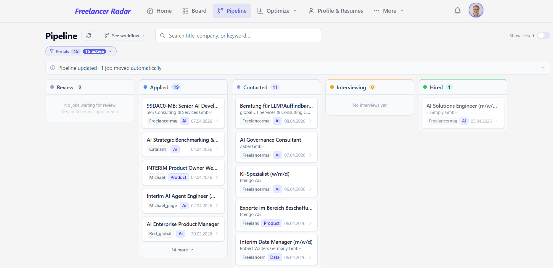 Pipeline board showing opportunities across Review, Applied, Contacted, Interviewing, and Hired stages